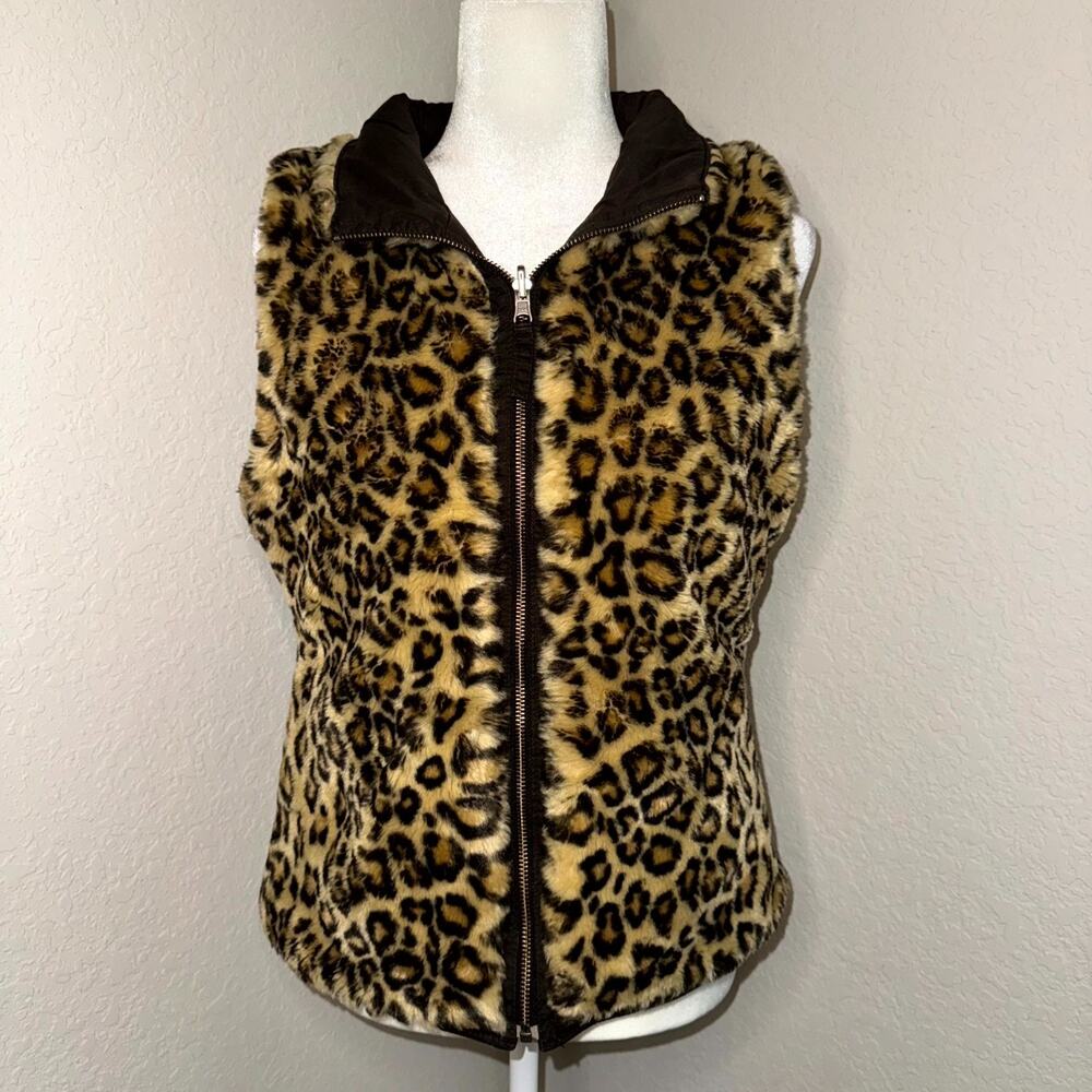 VTG Y2K 07 GAP Reversible Vest Women’s Small Brown Leopard Print Faux Fur Winter